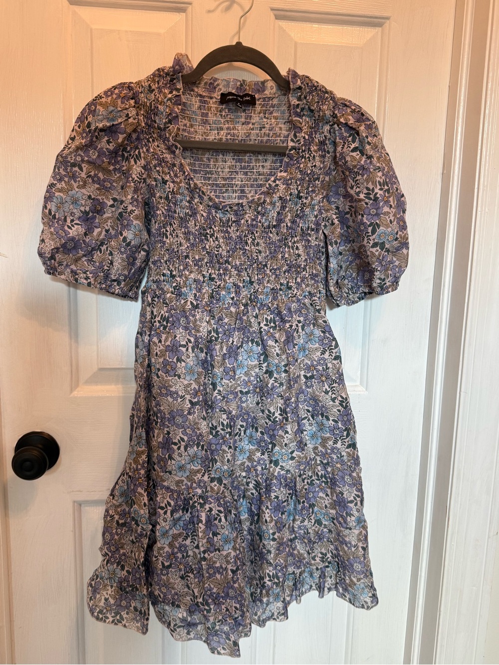 Jacqui E Lavender Floral Smocked Puff-Sleeve Mini Dress